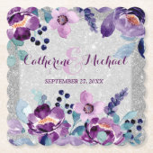 Lila Hochzeit mit Flora und Glitzer Untersetzer (Vorderseite)