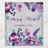 Lila Hochzeit mit Flora und Glitzer Weinetikett (Einzelnes Label)