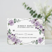 Lila Hochzeit mit Flora und Silbergeometrie RSVP Karte (Stehend Vorderseite)