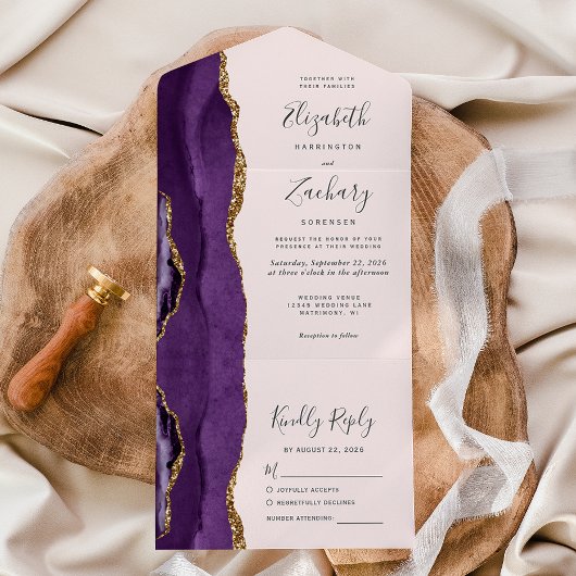 Lila Hochzeit mit Gold Agate Blush Pink All In One Einladung
