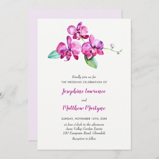 Lila Hochzeit mit Orchideen Einladung (Vorne/Hinten)