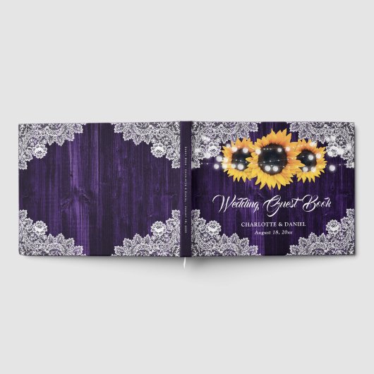 Lila Hochzeit mit rustikalem Holz Gästebuch (Voll)