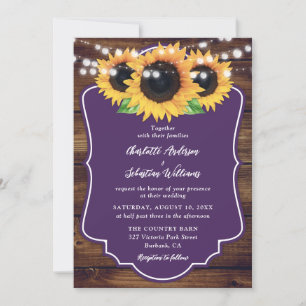 Lila Hochzeit mit rustikaler Holzsonnenblume Einladung