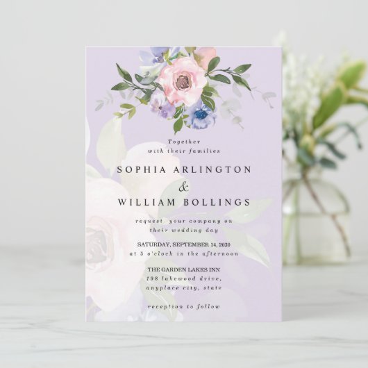 Lila Hochzeit mit zarter Wasserfarbe Rosa Rose Einladung (Stehend Vorderseite)