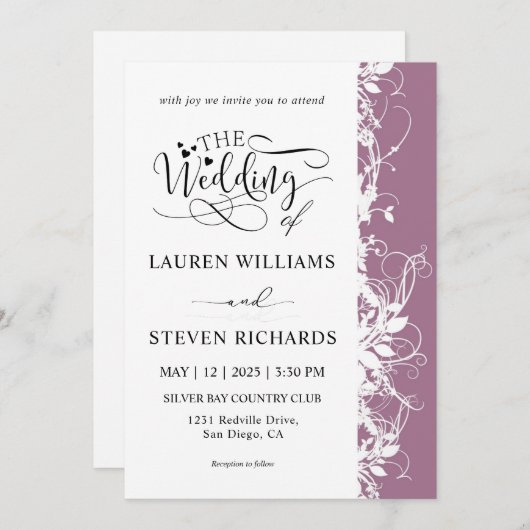 Lila Hochzeit nach Maß in Weiß und Violett Einladung (Vorne/Hinten)
