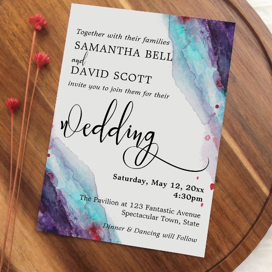 Lila Hochzeit, Rot und Aqua Wasserfarbe Moderne Ho Einladung