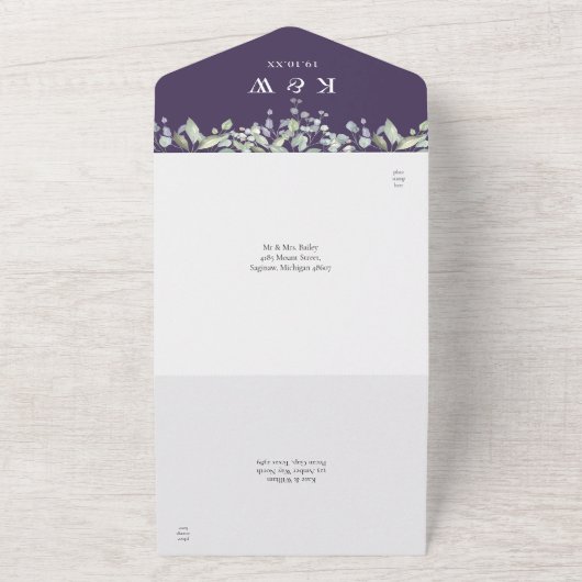 Lila Hochzeit und Lilac Floral Monogramm All In One Einladung (Außenbereich)
