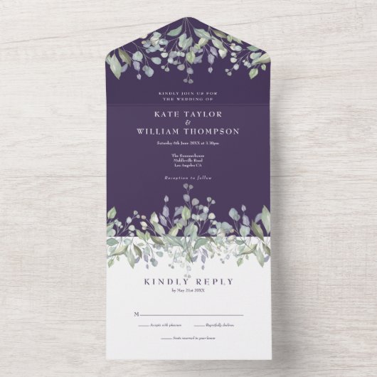 Lila Hochzeit und Lilac Floral Monogramm All In One Einladung (Innen Boden)