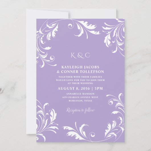 Lila Hochzeit Vintag elegant formell Einladung (Vorderseite)