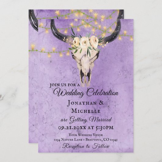 Lila Hochzeit von Boho Floral Skull und String Lig Einladung (Vorne/Hinten)