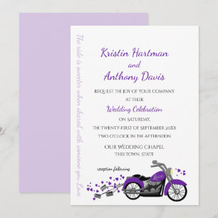 Lila Hochzeit von Motorrädern und Herz Einladung