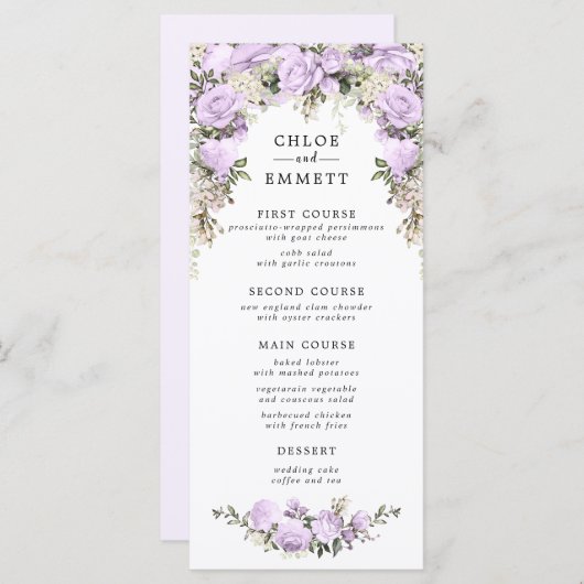Lila Hochzeit von Wasserfarben Menükarte (Vorne/Hinten)