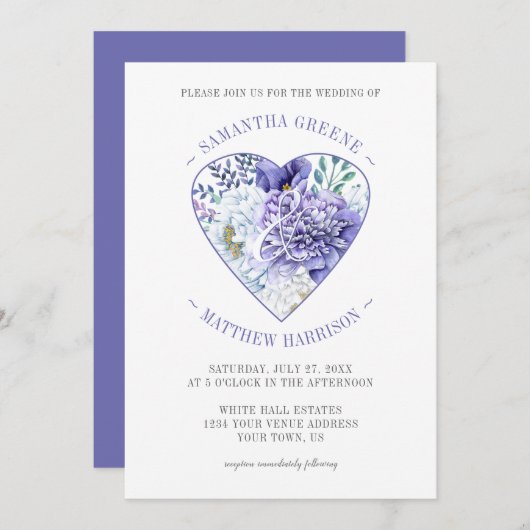 Lila Hochzeit von White Peonies Heart Typografy Einladung (Vorne/Hinten)