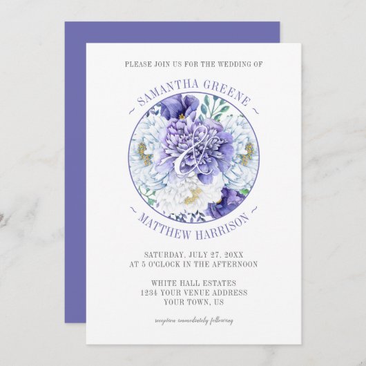 Lila Hochzeit von White Peonies Poppies Typografy Einladung (Vorne/Hinten)