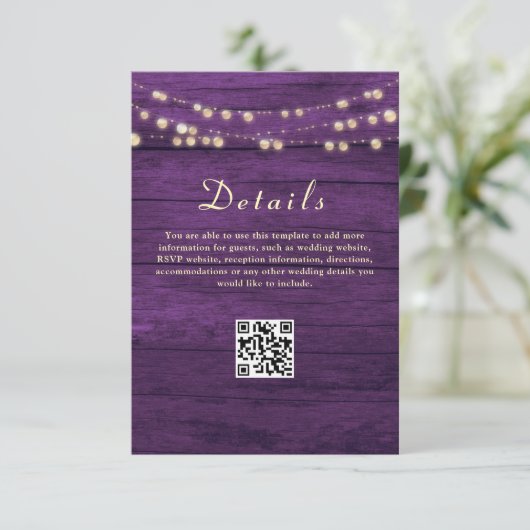 Lila Hochzeitdetails QR-Code Begleitkarte (Stehend Vorderseite)