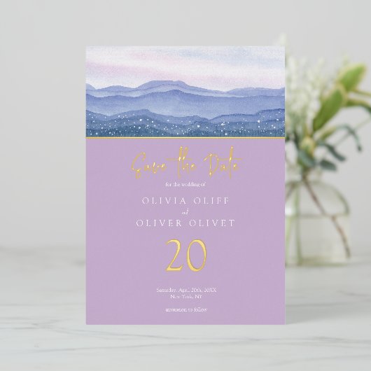 Lila Hochzeiten retten das Datum Folieneinladung (Stehend vorne)