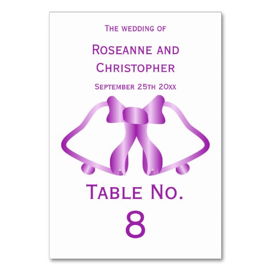 Lila Hochzeitkarten-Tischnummer-Glocken und Band Tischnummer (Vorderseite)