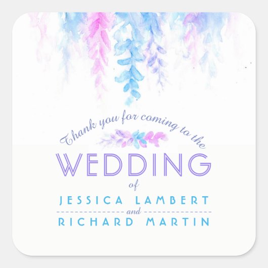Lila Hochzeitsaufkleber in Aquarell Quadratischer Aufkleber (Vorderseite)