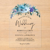 Lila Hochzeitsbogen mit Blütenzauber Acryleinladungen (Vorderseite)