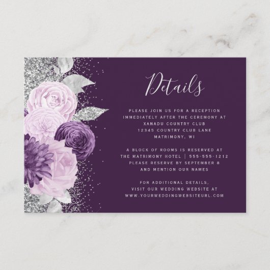Lila Hochzeitsdetails für Wasserfarben Begleitkarte (Vorderseite)