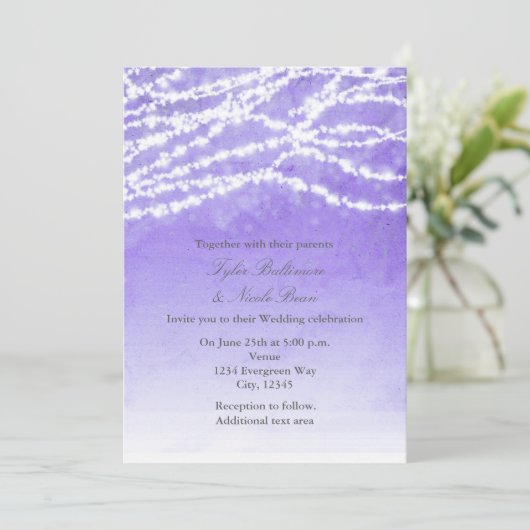 Lila Hochzeitseinladung durch rustikale String-Lig Einladung (Stehend Vorderseite)