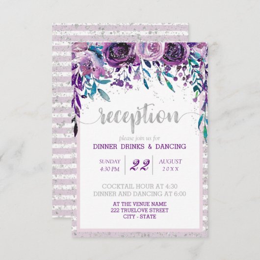 Lila Hochzeitsempfehlung mit Blumen und Silber Einladung (Vorne/Hinten)