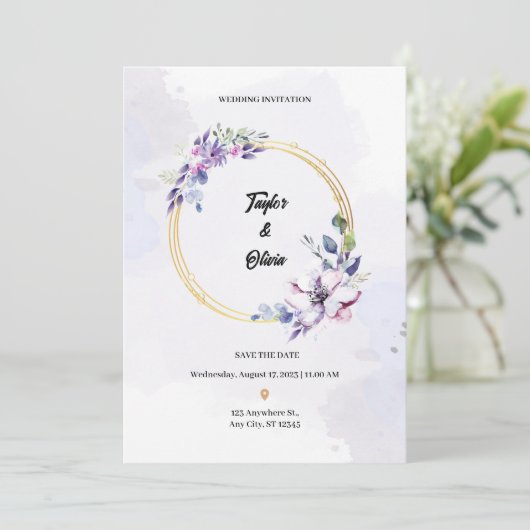 Lila Hochzeitsfeier Einladung (Stehend Vorderseite)