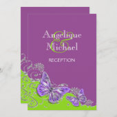 Lila Hochzeitsfeier in grünem Silber Einladung (Vorne/Hinten)