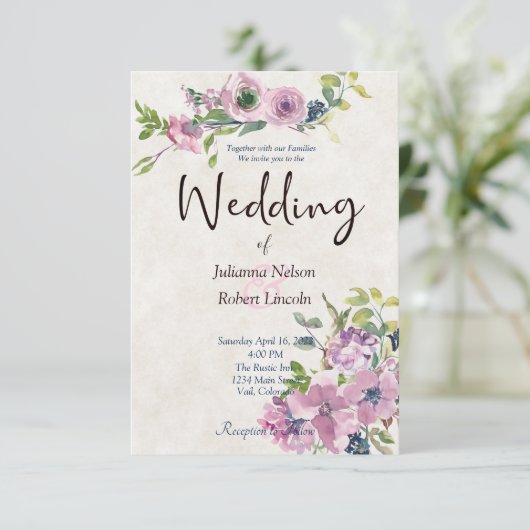 Lila Hochzeitsfeier mit Aquarell Einladung (Stehend Vorderseite)