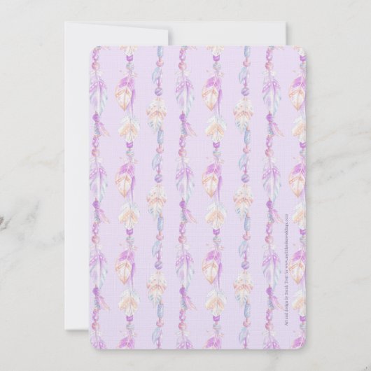 Lila Hochzeitsfeier mit Boho feather watercolor Einladung (Rückseite)