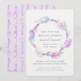 Lila Hochzeitsfeier mit Boho feather watercolor Einladung