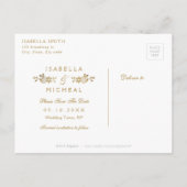 Lila Hochzeitsfeier mit goldener Eleganz retten da Ankündigungspostkarte (Rückseite)