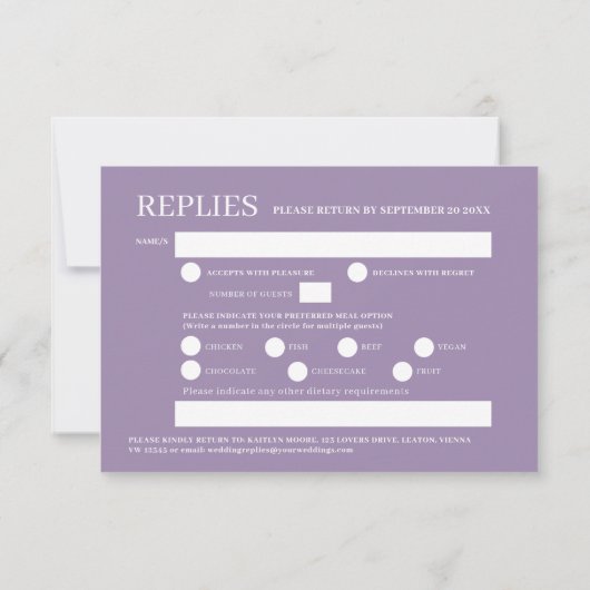 Lila Hochzeitsfeiern im Wasser RSVP Karte (Rückseite)