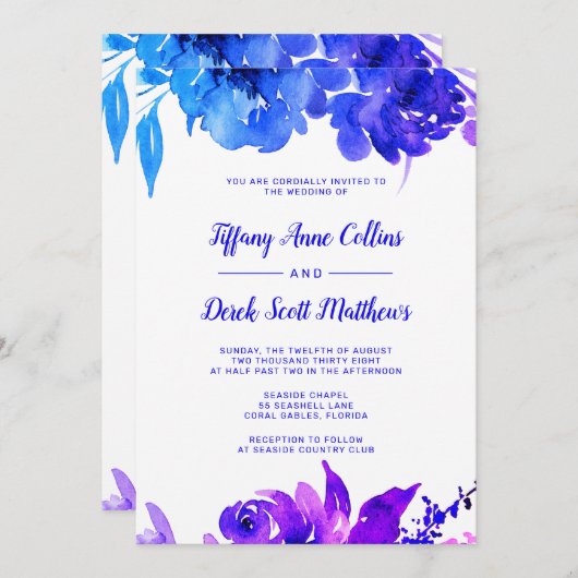 Lila Hochzeitsfest mit blauer Wasserfarbe Einladung (Vorne/Hinten)