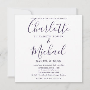 Lila Hochzeitsfoto im Quadrat mit Unterschrift Einladung