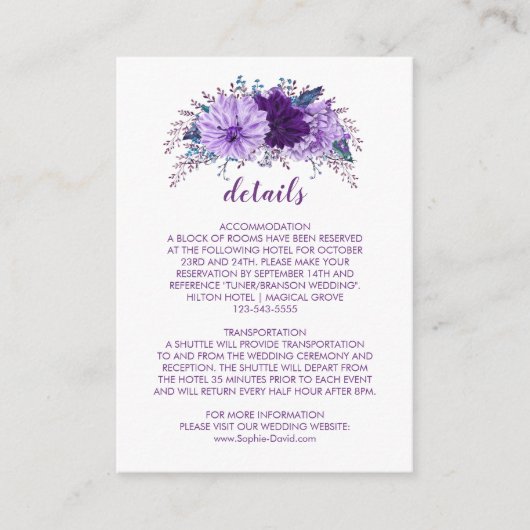 Lila Hochzeitsinformationen von Lavender Floral Pl Begleitkarte (Vorderseite)
