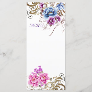 Lila Hochzeitskarte für Blumenkost Menükarte