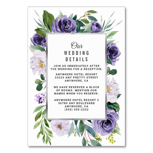 Lila Hochzeitskarten für Silberfloral Lilac Tischnummer (Vorderseite)