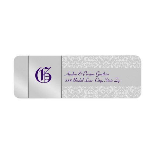 Lila Hochzeitslabel für SilberDamaskohle (Vorne)