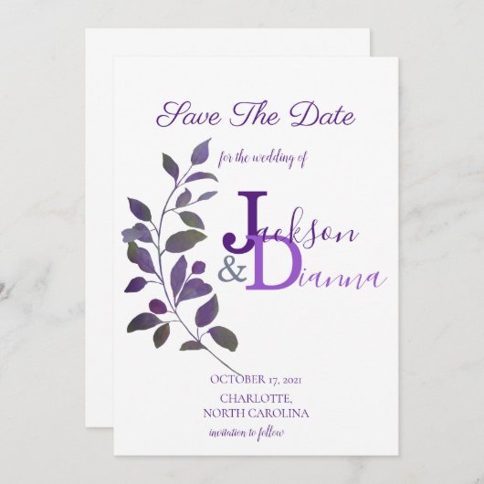 Lila Hochzeitsleaf-Design Save the Date Einladung (Vorne/Hinten)