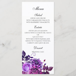 Lila Hochzeitsmenü Floral Dinner Menü Tische Dekor Menükarte