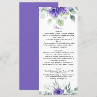 Lila Hochzeitsmenü für Anemonen und Grünpflanzen Menükarte