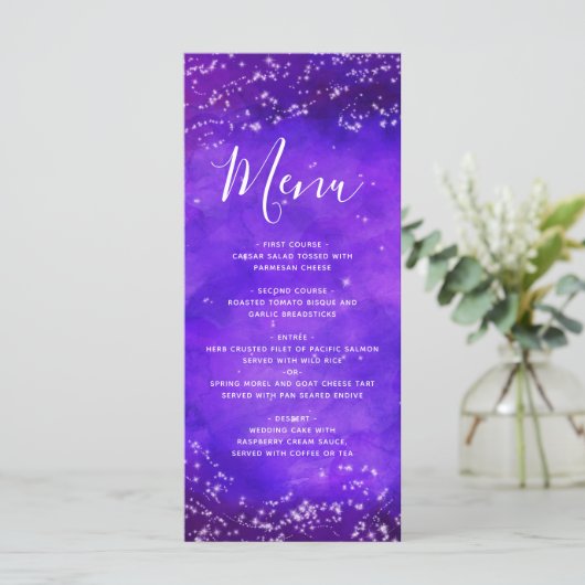 Lila Hochzeitsmenü für die Sternennachtsgalaxie Menükarte (Stehend Vorderseite)