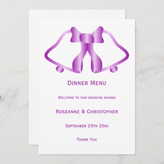 Lila Hochzeitsmenüglocken und -glocken Menükarte (Vorne/Hinten)