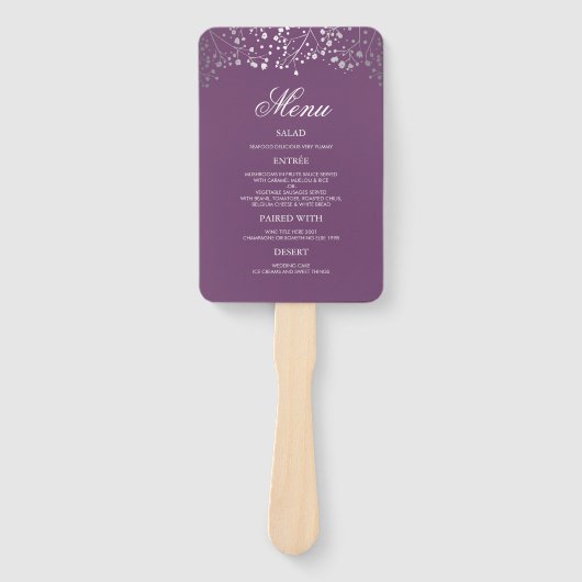 Lila Hochzeitsmenüs in Silber und Pflaume Fächer (Vorderseite)