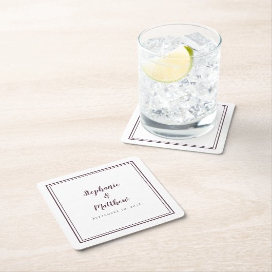 Lila Hochzeitsnamen Datum Einfache moderne Minimal Rechteckiger Pappuntersetzer (Vor Ort)