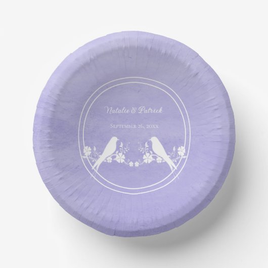 Lila Hochzeitspapierschalen von Lovebird Pappteller (Vorderseite)