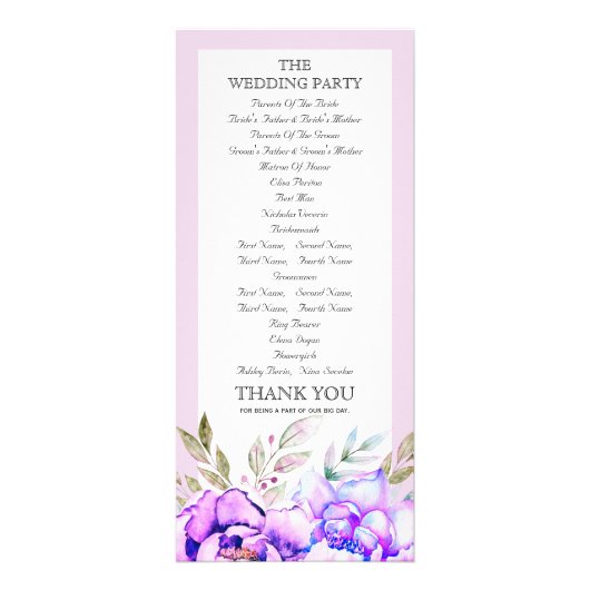 Lila Hochzeitsprogramm für Blume in Aquarellfarben Werbekarte (Hinten)