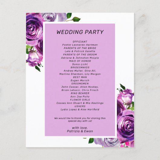 Lila Hochzeitsprogramm für Blumen (Hinten)