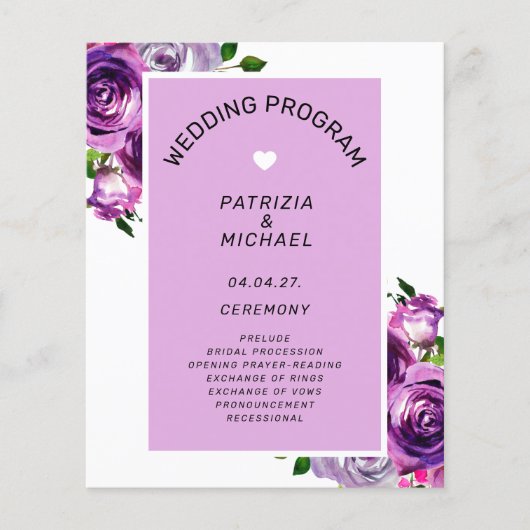 Lila Hochzeitsprogramm für Blumen (Vorne)
